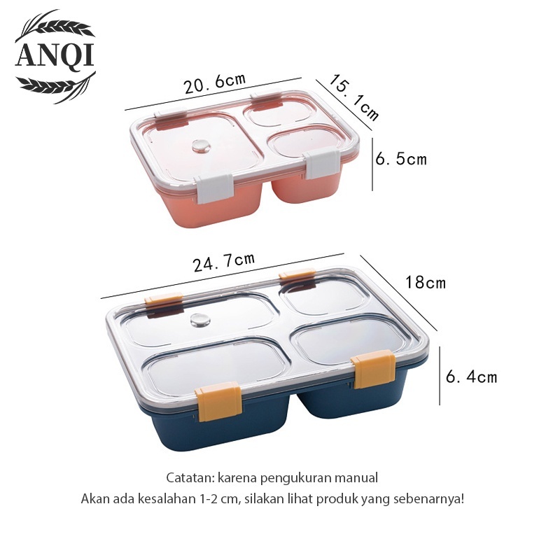 ANQI 1888 Kotak makan 3/4 Grid Lunch Box/Tempat Makan Dan free Sendok/Anti bocor 850ml/1300ml