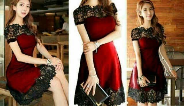 Drs molly VD DRESS PESTA SPANDEK BALON MIX BRUKAT DRESS MODERN WANITA / PARTY DRESS / GAUN DRESS RED