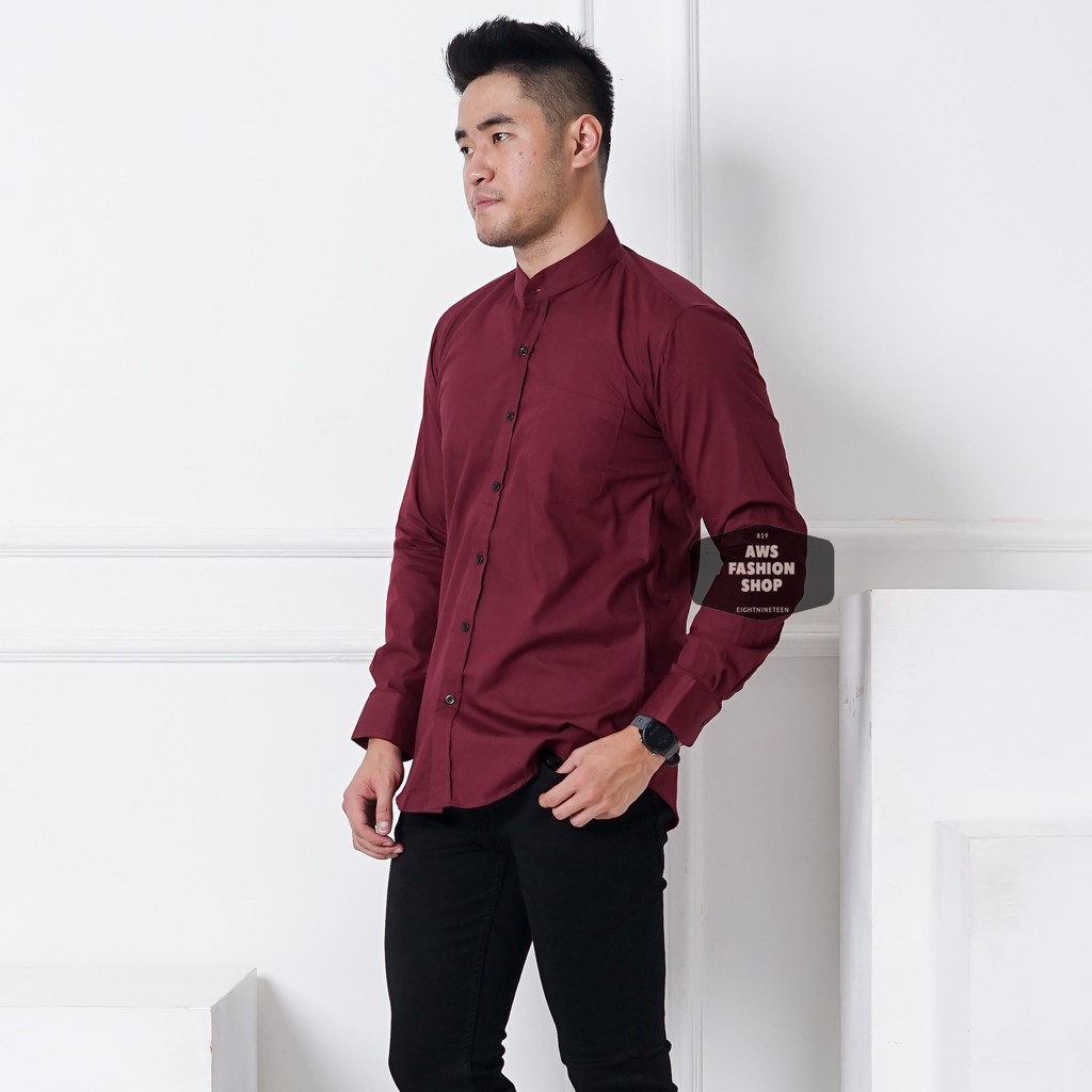 Kemeja Pria Lengan Panjang Polos Merah Maroon Kerah Shanghai Slimfit Casual Kerah Koko