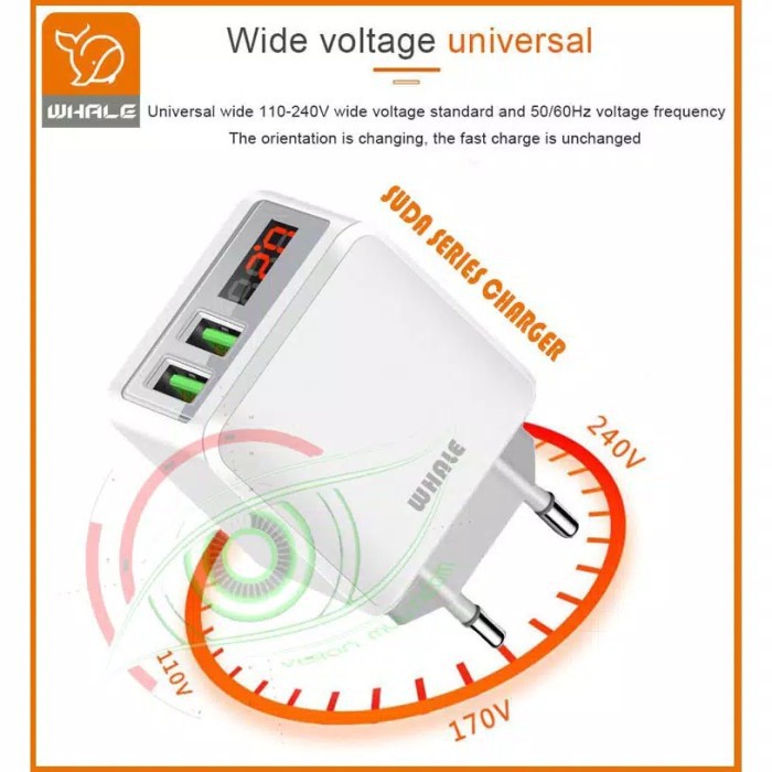 Adaptor Charger HP 2 Lubang USB 3.1A LCD Display Volt Meter Whale SUDA