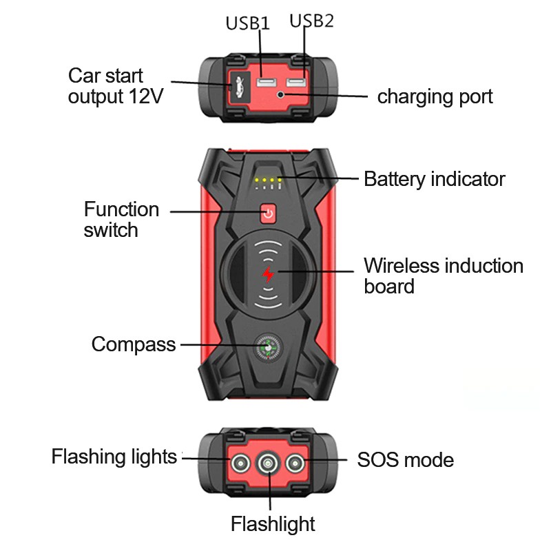 Power Bank Wireless Charger 39800mAh Car Jump Starter 12V - J13 - Black/Red