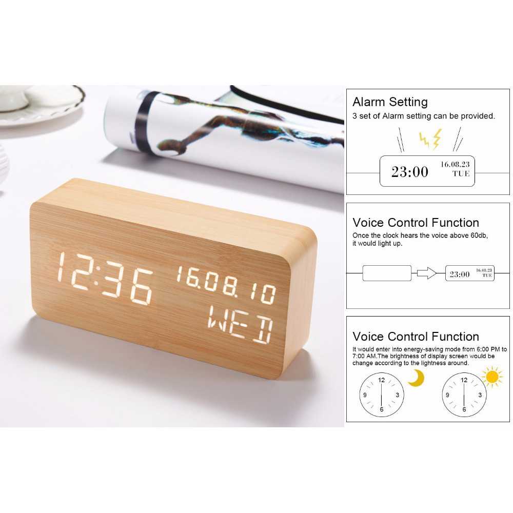 Jam Meja Weker Digital Aesthetic Alarm Kayu Digital Voice Control Tanggal Bulan Tahun Kalender