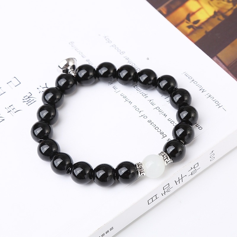 2 Pasang Gelang Manik-Manik Obsidian Imitasi Adjustable Warna Hitam Untuk Pasangan