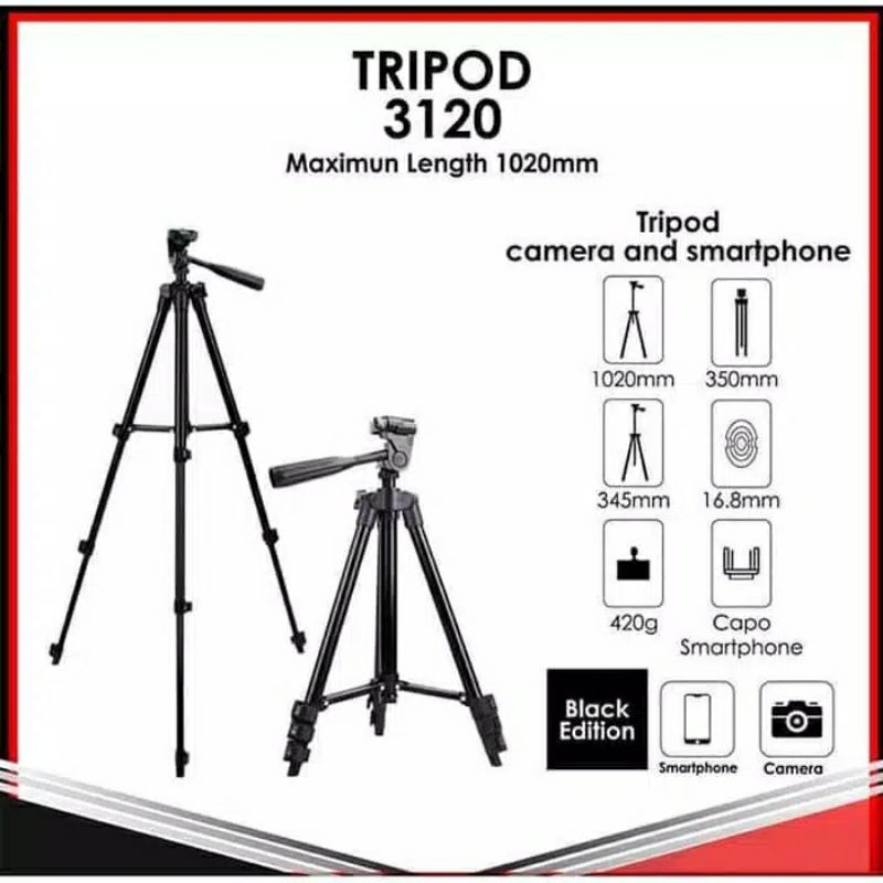 Tripod 3120 1M Black Tripod 1M Plus Holder U Grade A Kuat kokoh terjamin