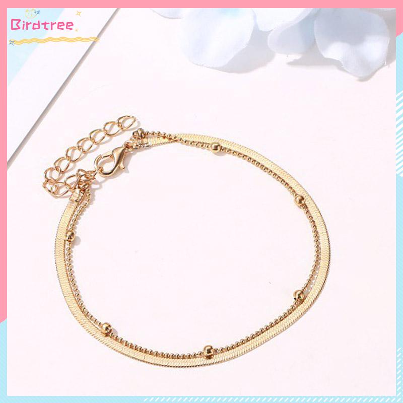 [Readystock❤️COD]Gelang Kaki Wanita Sederhana Lapisan Ganda Manik Bulat Rantai Tulang Ular Alas Kaki Fashion Gelang Kaki- BS