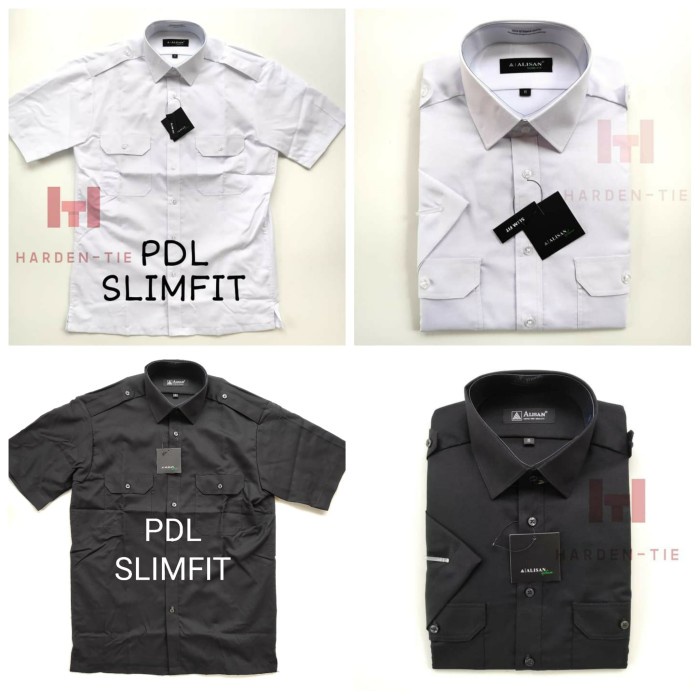 PROMO Alisan kemeja pangkat slimfit putih PDL kantong dua pendek pilot - Hitam Slimfit, XS