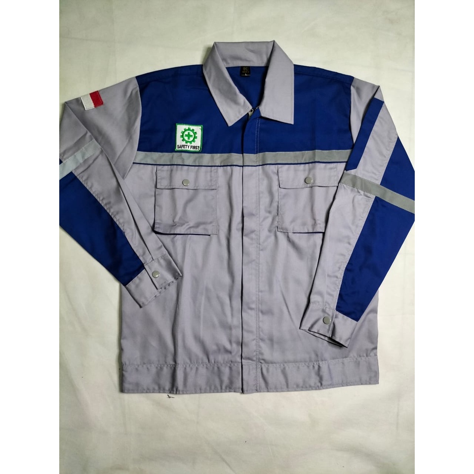 Baju Atasan Wearpack | Kemeja Safety Proyek Lengan Panjang Abu - Biru Benhur