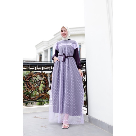 ld 106 NEW DOTY MAXI DRESS - Gamis Combi Tile Dot Free Belt