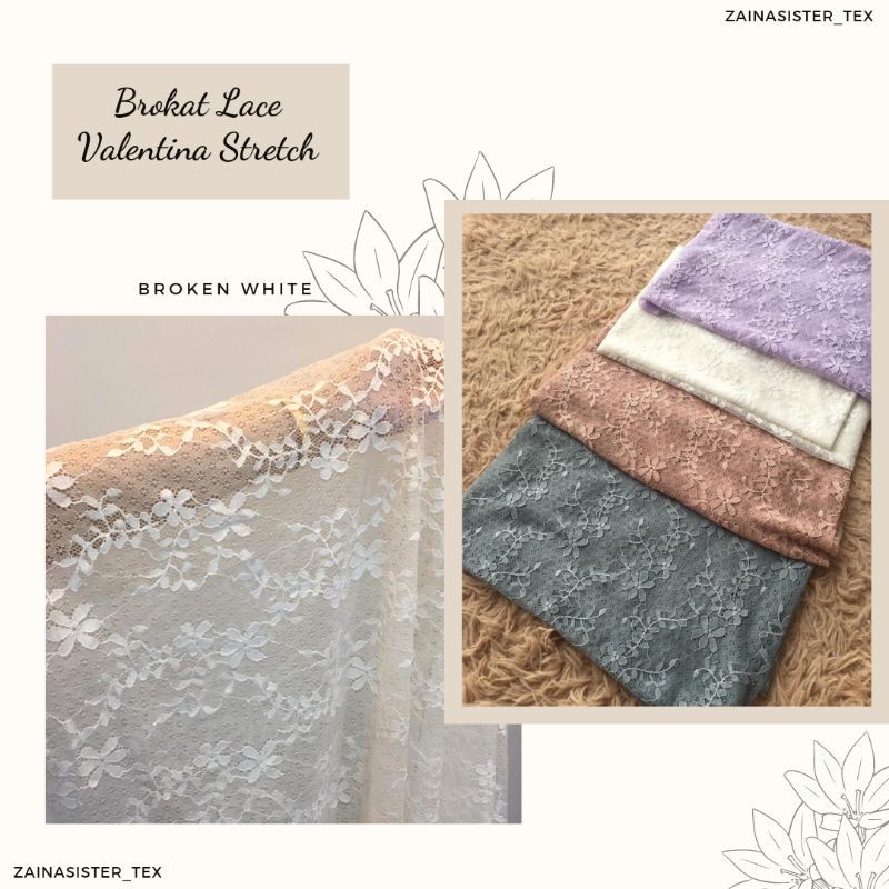 Kain Brokat Lace Valentina Stretch Warna Putih Broken white
