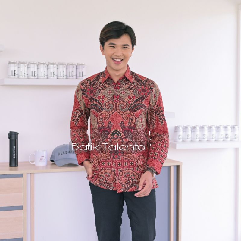 Batik kemeja pria lapis furing batik bahan katun halus baturaden size reguler merah dara