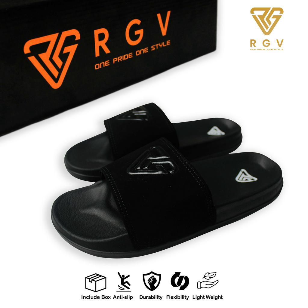 RGV - SANDAL PRIA DAN WANITA SLIDE SLIP ON SENDAL ANTI LICIN RINGAN SELOP LOGO BLACK