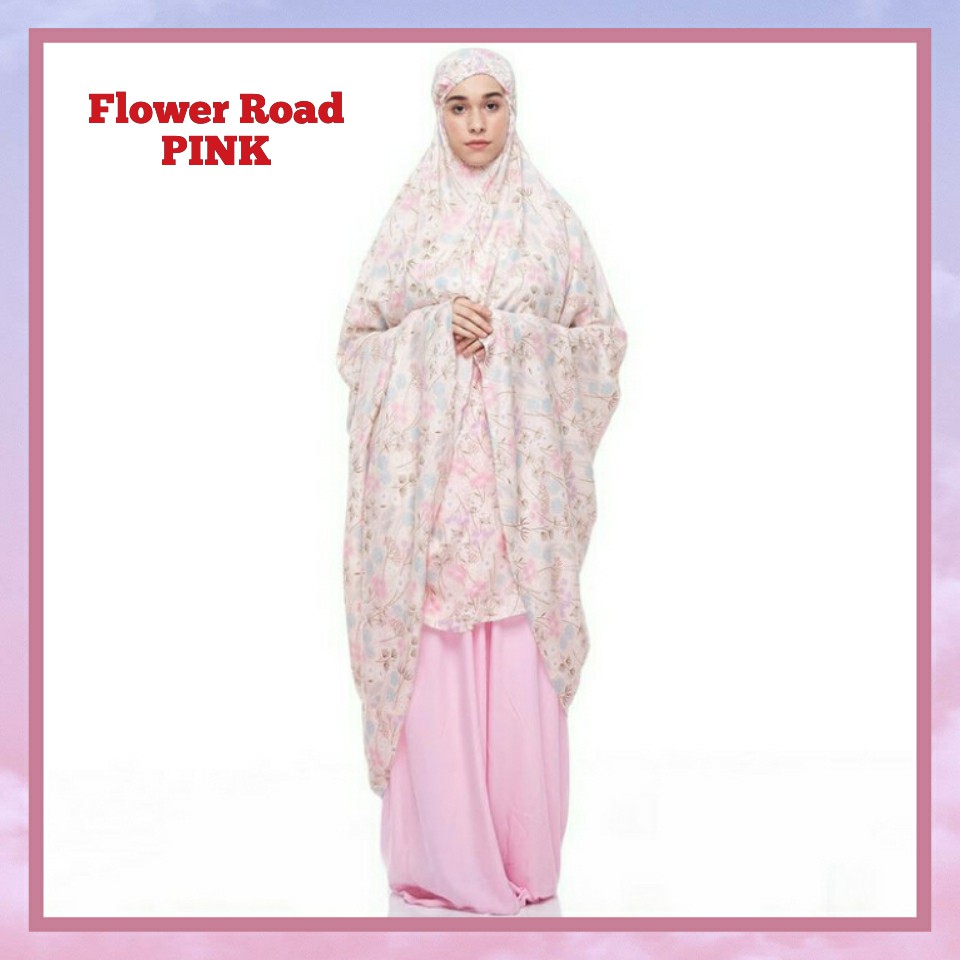 Mukena Tazbiya FLOWER ROAD PINK Katun Rayon Premium Termurah