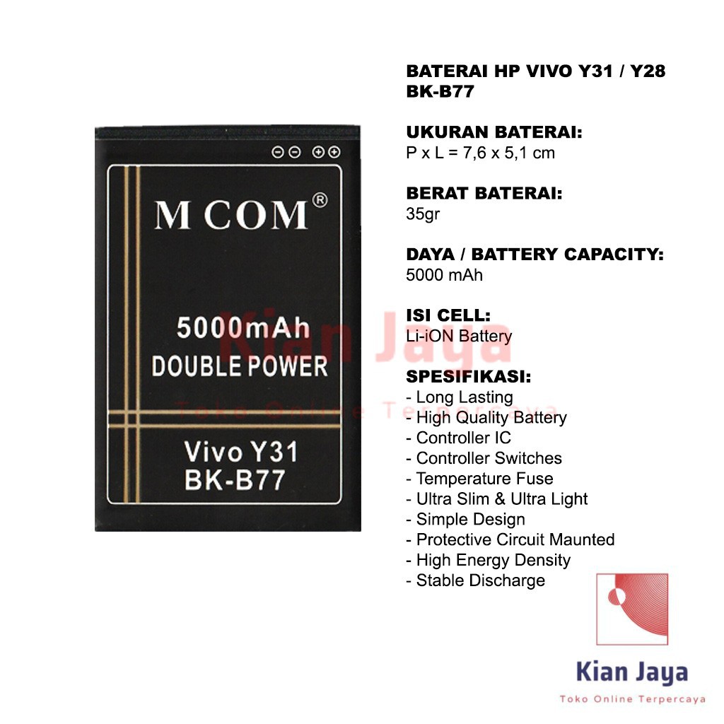 MCOM Baterai Hp Vivo Y31 Y28 B77 Original Double Power Batre Batrai Battery Ori BK-B77