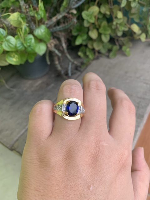 Cincin Batu Royal Blue Safir Cutting Mewah Elegan Minimalis Gold Filled