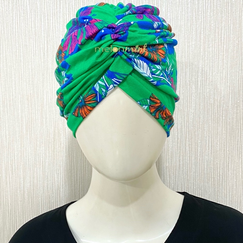 Melonmint Handmade Hijab Jilbab Turban Instan Warna Hijau Motif Daun Bunga Boru Ungu Orange Bahan Ka