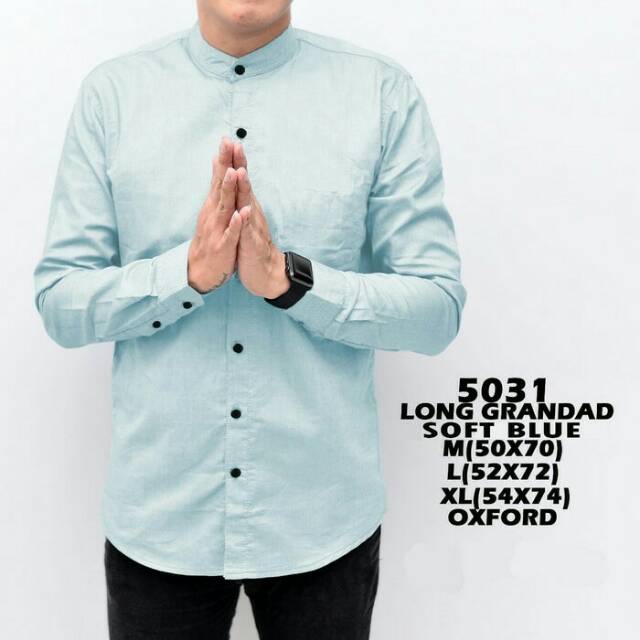Kemeja Biru Muda Tanpa Kerah Polos Shanghai Gaya Lelaki Elegan