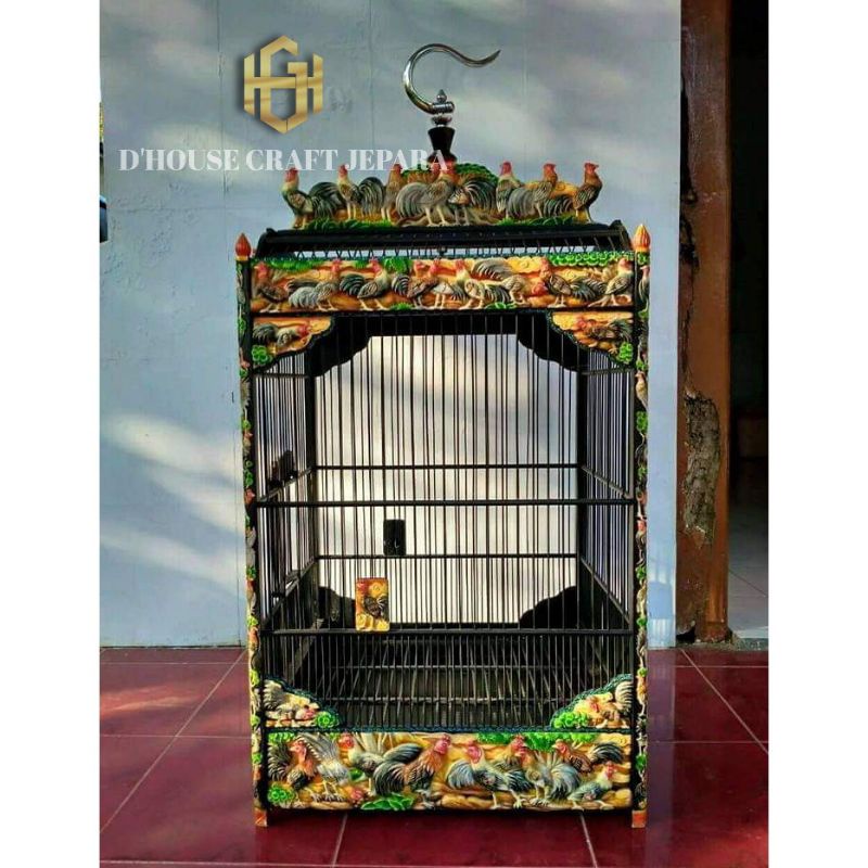 Sangkar Burung Kacer Ukiran Hewan Kayu Jati