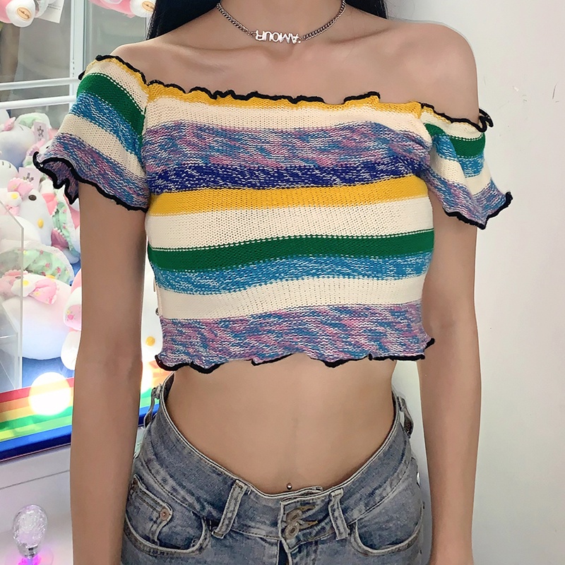 #Sisjuly# Lisa girl bm wind lucu rainbow striped one-shoulder T-shirt wanita