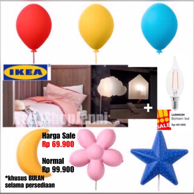 IKEA Lampu Tidur Anak SMILA HATI BUNGA BULAN BINTANG BALON AWAN DROMSYN DROMMINGE