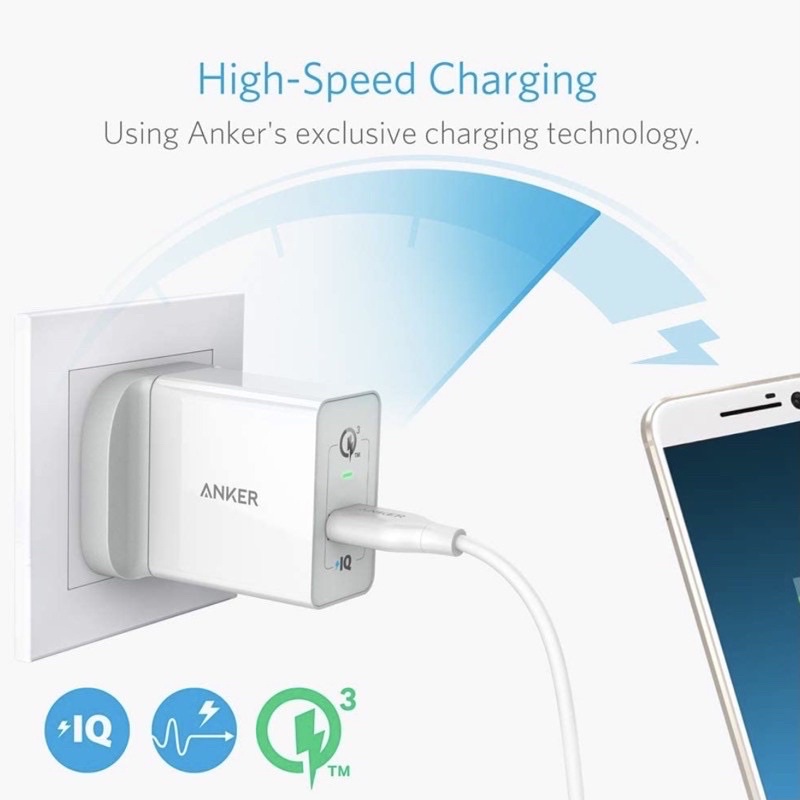 Anker Fast Charger 18W 18 Watt Qualcomm Quick Charge 3.0 iPhone Samsung LG Vivo HTC iPad Note