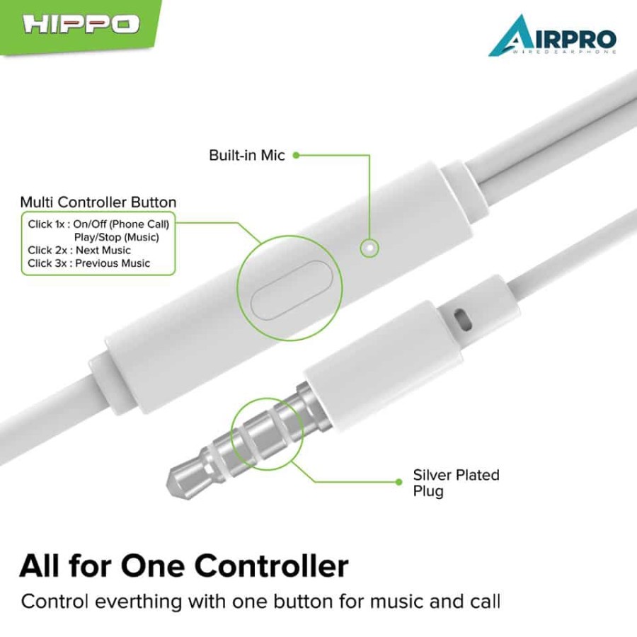 Hippo Headset AIRPRO 2 Stereo Wired Earphone Handsfree Original Ori