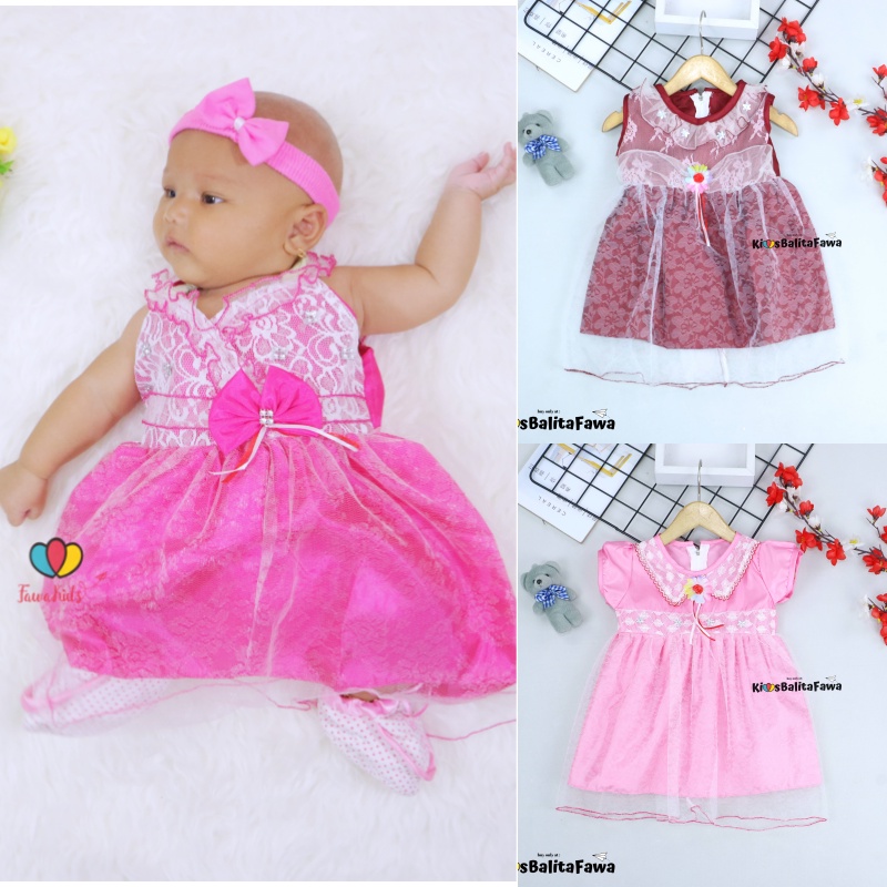 Gaun Bayi Uk. 0-12 bulan / Dress Bayi Anak Perempuan Murah Gaun Pesta Motif Polos Lengan Lucu