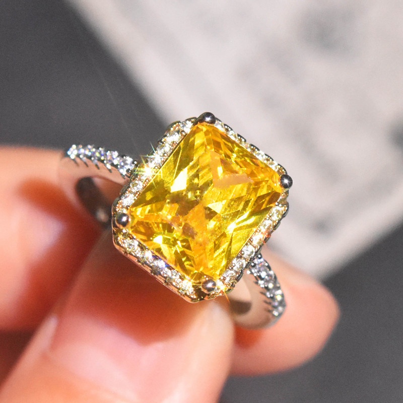 Cincin Kristal Berlian Bentuk Kotak Warna Kuning Dan Pink Model Terbuka Untuk Wanita