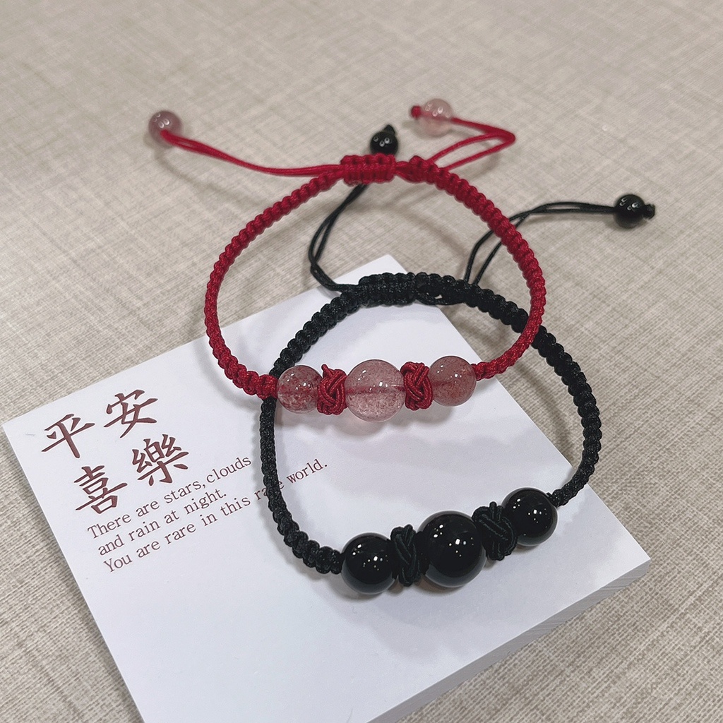 Gelang Tali Kepang Kristal Obsidian Strawberry Untuk Aksesoris Pasangan