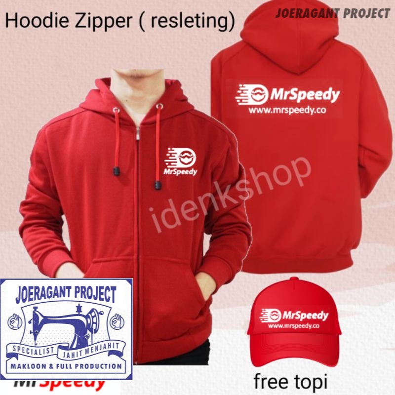 Hoodie jaket kurir mrspeedy Zipper ( resleting) + topi bahan cotton fleece tebal ukuran lokal JP