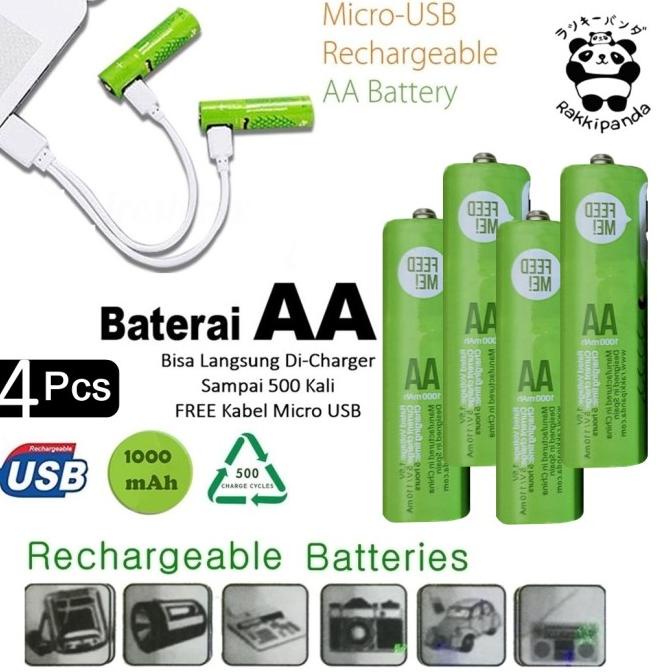 Baterai AA A2 Micro USB 4Pcs Rechargeable isi ulang Rakkipanda