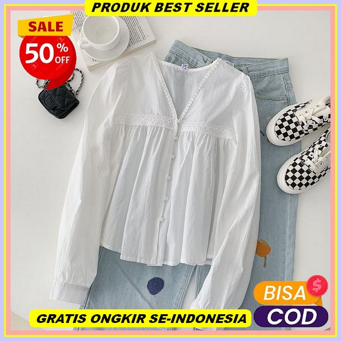 Noona - Blouse Mina Inner Wanita Lengan Panjang Bunga Leher Bulat Korean Style Atasan Kemeja Blouse 
