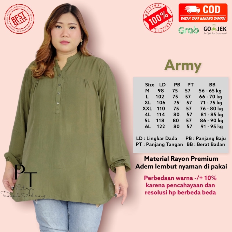 blouse atasan polos big size dark olive hijau army baju wanita cewek perempuan muslimah rayon jumbo 