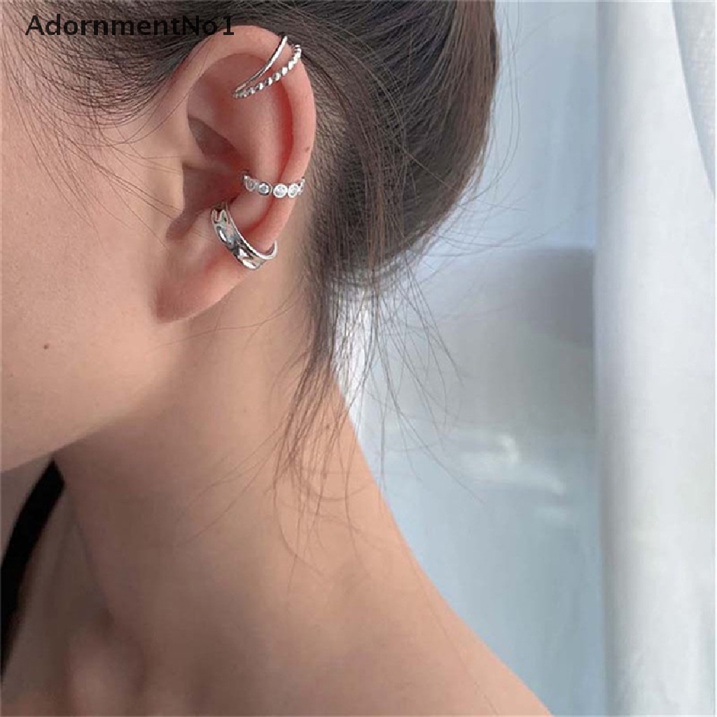 (AdornmentNo1) 3pcs / set Anting Klip / Jepit Bahan Sterling Silver 925 Desain Geometri Hias Zircon Untuk Wanita