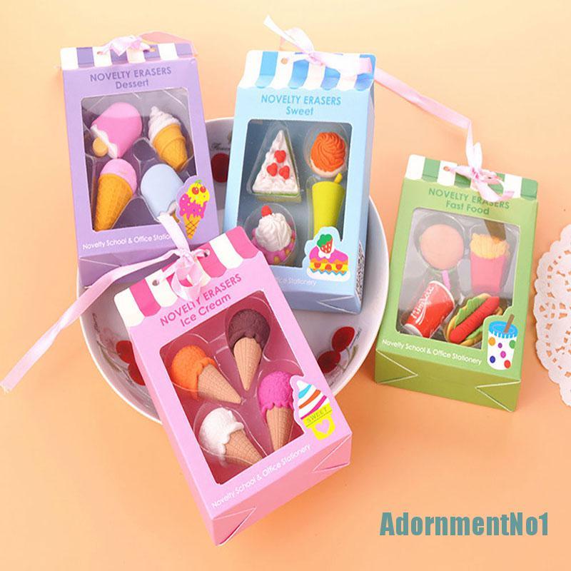 (AdornmentNo1) 4pcs Penghapus Karet Bentuk Es Krim / Hamburger / Lolipop Kawaii Dapat Dilepas