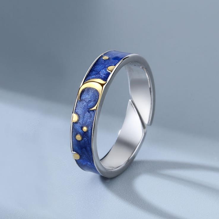 [ACKER] Desain Bulan Berbintang Biru / Matahari Dengan Set Cincin yang Dapat Disesuaikan Untuk Pasangan