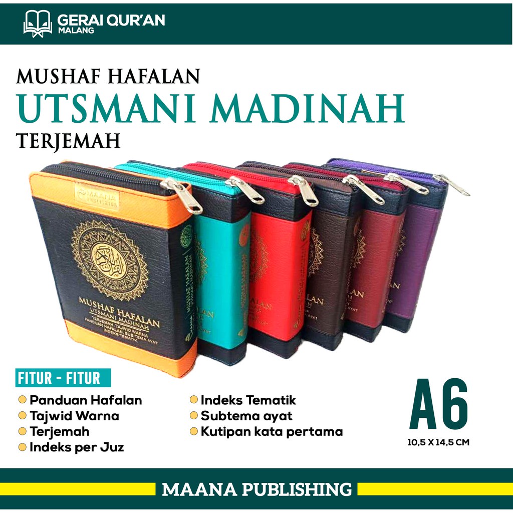 Al-Quran Hafalan Utsmani Madinah A6 Resleting | Mushaf Terjemah dan Tajwid Warna - Maana Publishing