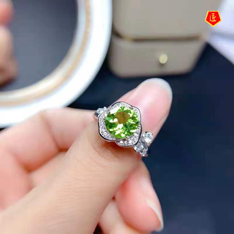 [Ready Stock]Creative Elegant Rose 2 Karat Natural Peridot Ring Female