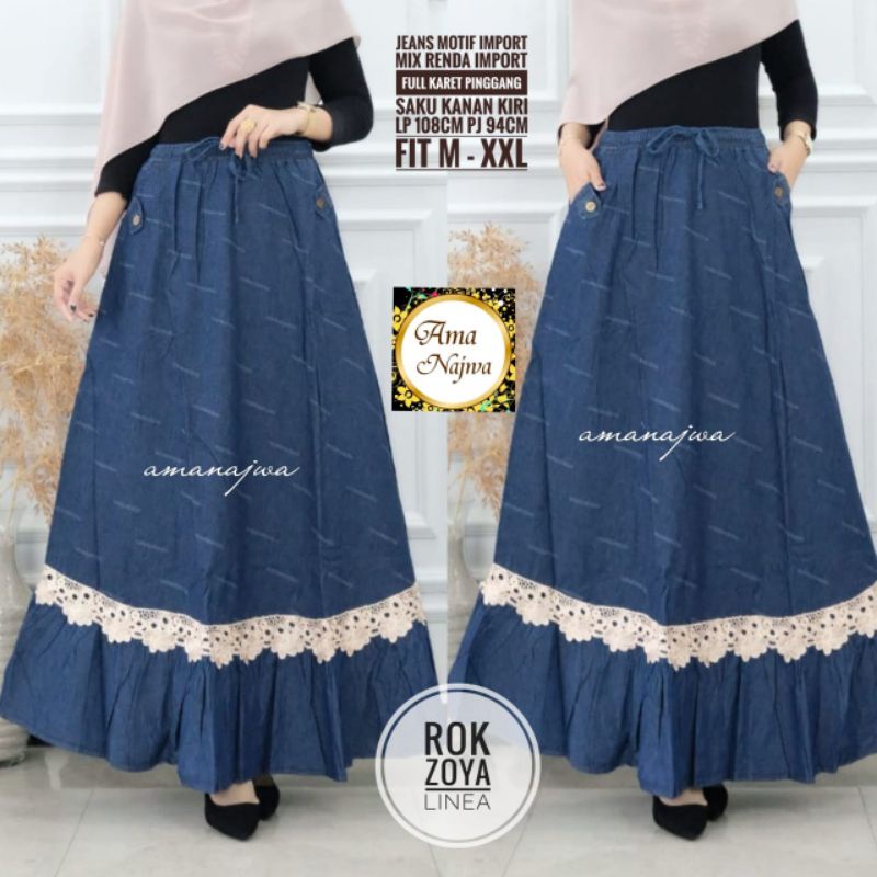 Zoya Linea Rok Jeans Wash Motif Garis Lp 108 Jumbo Fit XXL Pinggang Karet Aksen Rempel Renda Best Qu