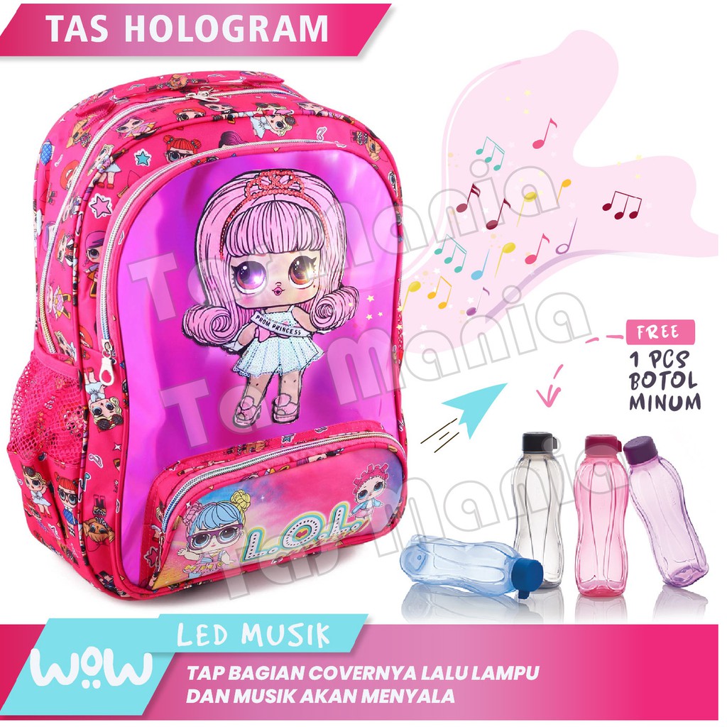 Tas Ransel Anak Perempuan Karakter LOL SURPRISE - Tas Ransel Hologram LED-AURORA - FREE BOTOL MINUM