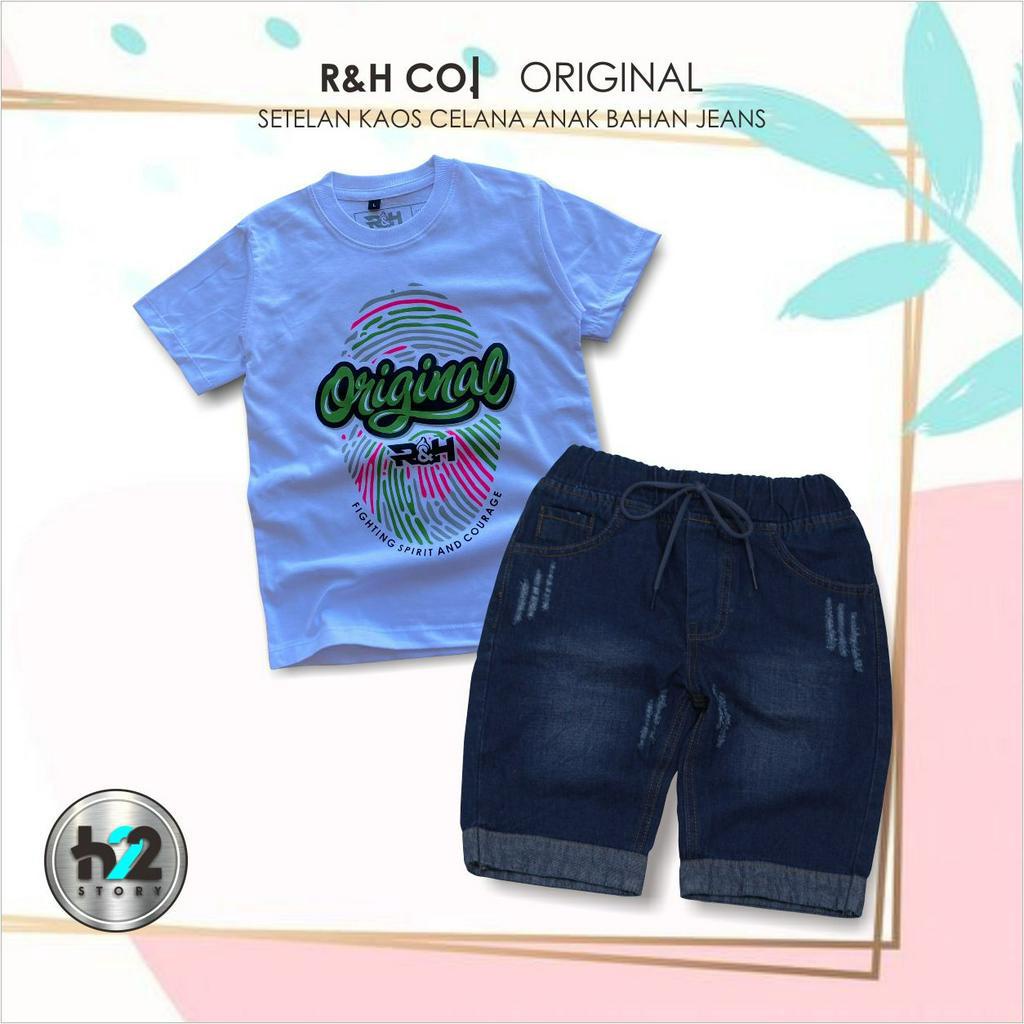 Setelan Anak Celana Jeans / Setelan Jeans Anak Laki Laki /  Setelan Kaos Distro Anak Celana Jeans Pendek Usia 3-12 Tahun / By H22Story