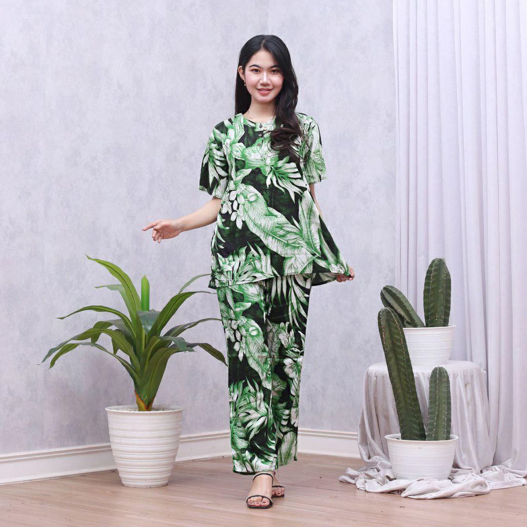 Batik Prass - Setelan Baju Tidur Busui Lengan Pendek - Piyama Batik Terbaru - Baju Santai-AMARTHA HIJAU