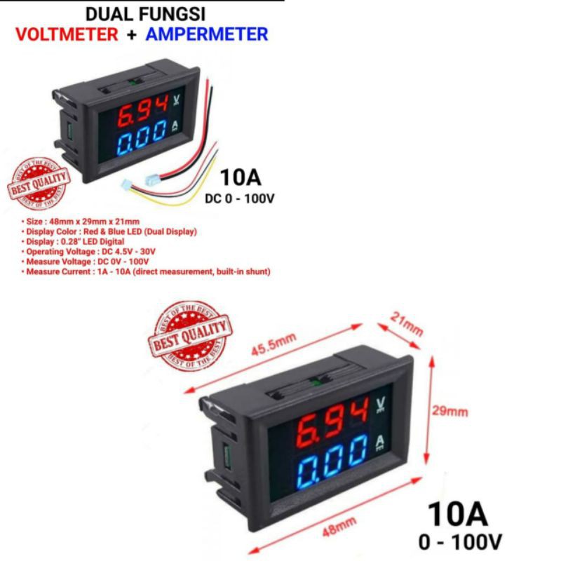 DC 100V 10A VOLTMETER AMMETER BLUE + RED