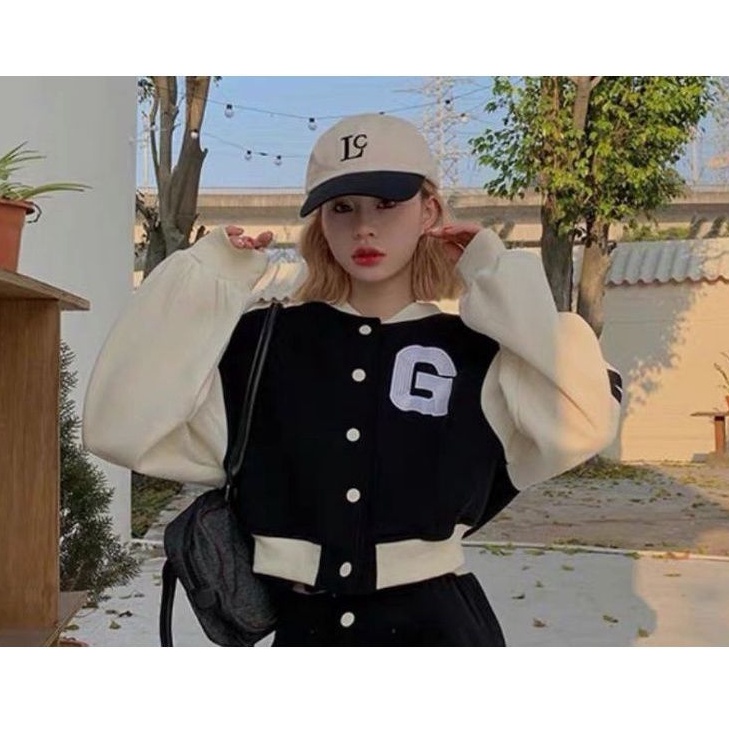 G Baseball Jaket Crop | Korean Style Sweatshirt | Pakaian Wanita | Bahan Fleece Tebal | Jaket Varsity