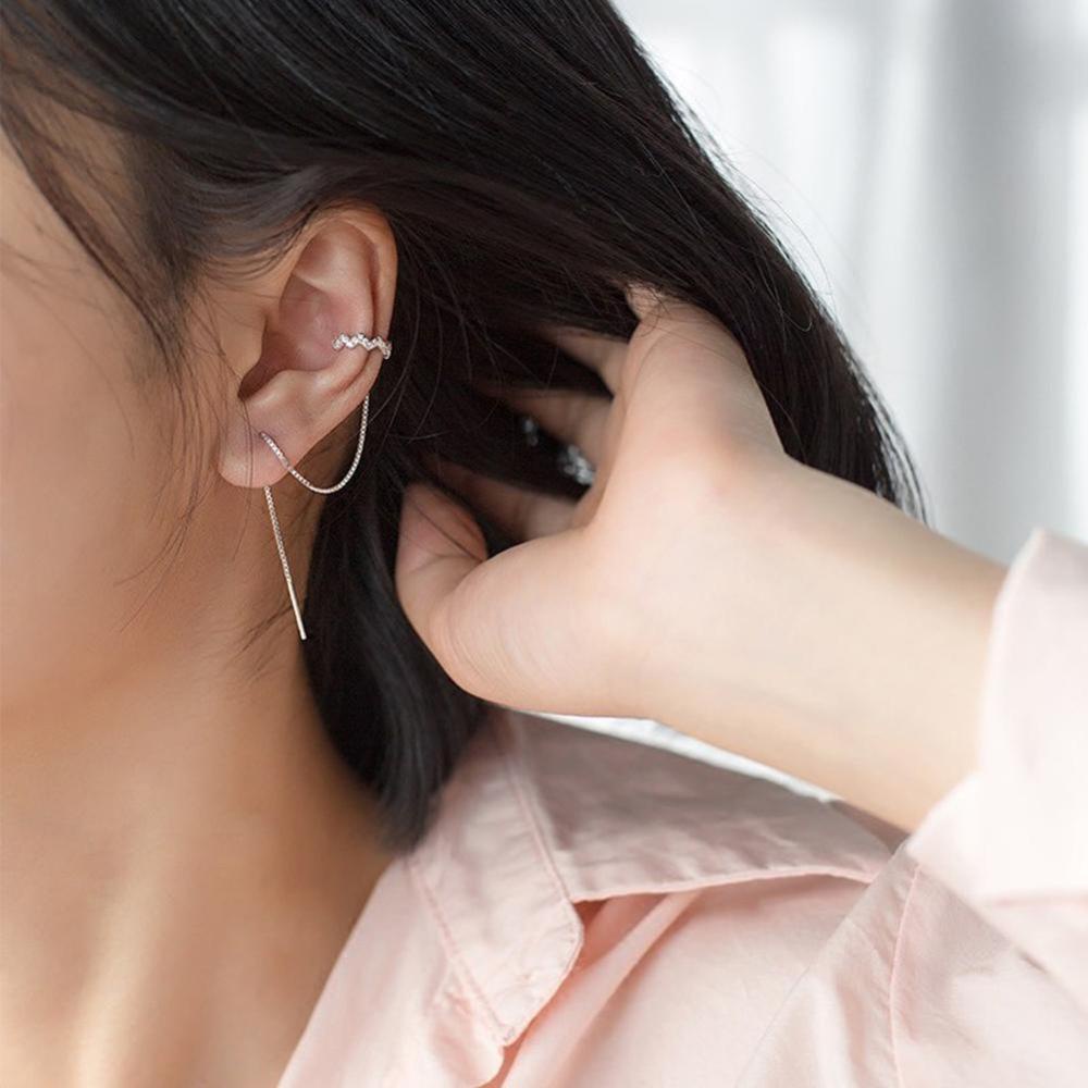 Timekey 1PC Anting Tusuk Gantung Panjang Desain Gelombang Hias Zircon Untuk Wanita A1K1