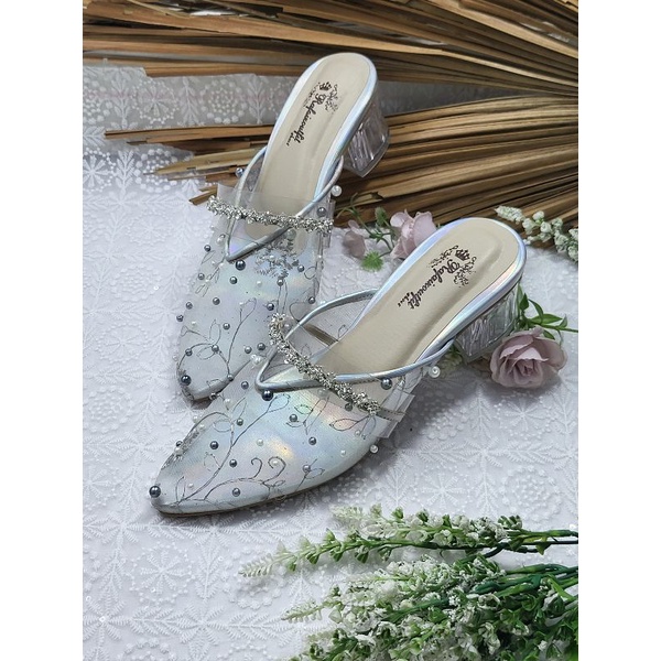 sepatu alwa silver mutiara tinggi 5cm kaca