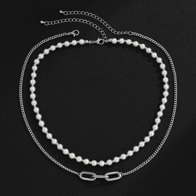 Kalung Rantai Liontin Mutiara Imitasi Geometris Lapisan Ganda Bahan Logam Gaya Vintage Hip Hop Untuk Unisex