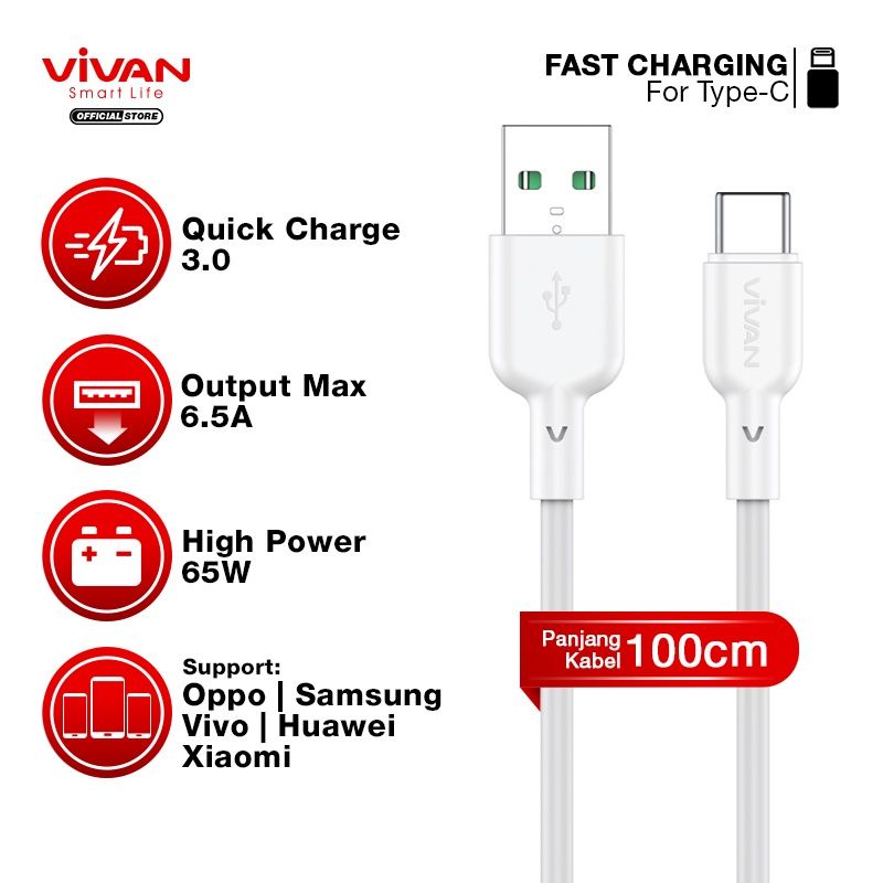 Kabel Charger Smartphone Vivan VQC100 High Power 65W Quick Charge Qualcomm 3.0 | Kabel Data Charger Original Hp Android Phone Tali Pengecas Type C Fast Charging