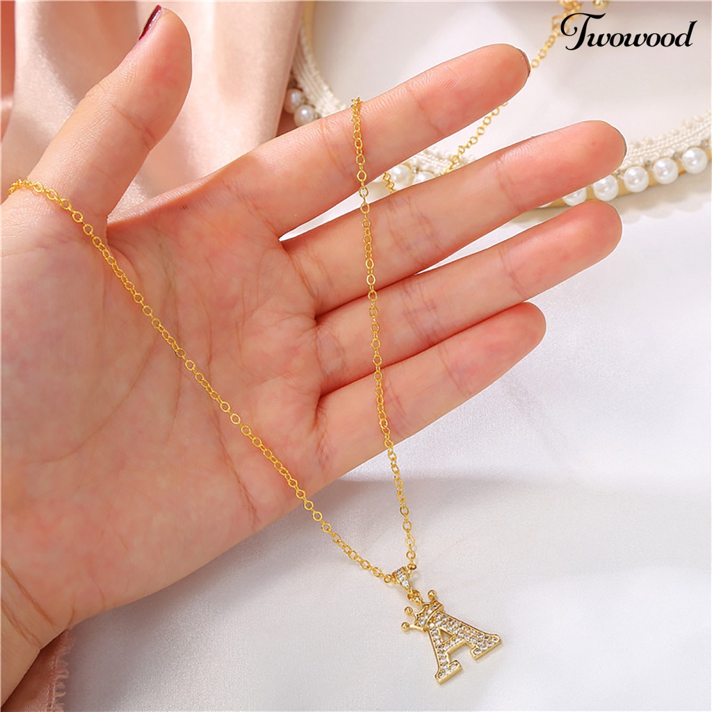 Twowood Letter Necklace Rhinestone Crown Letter Pendant Adjustable Chain Women Necklace for Gift