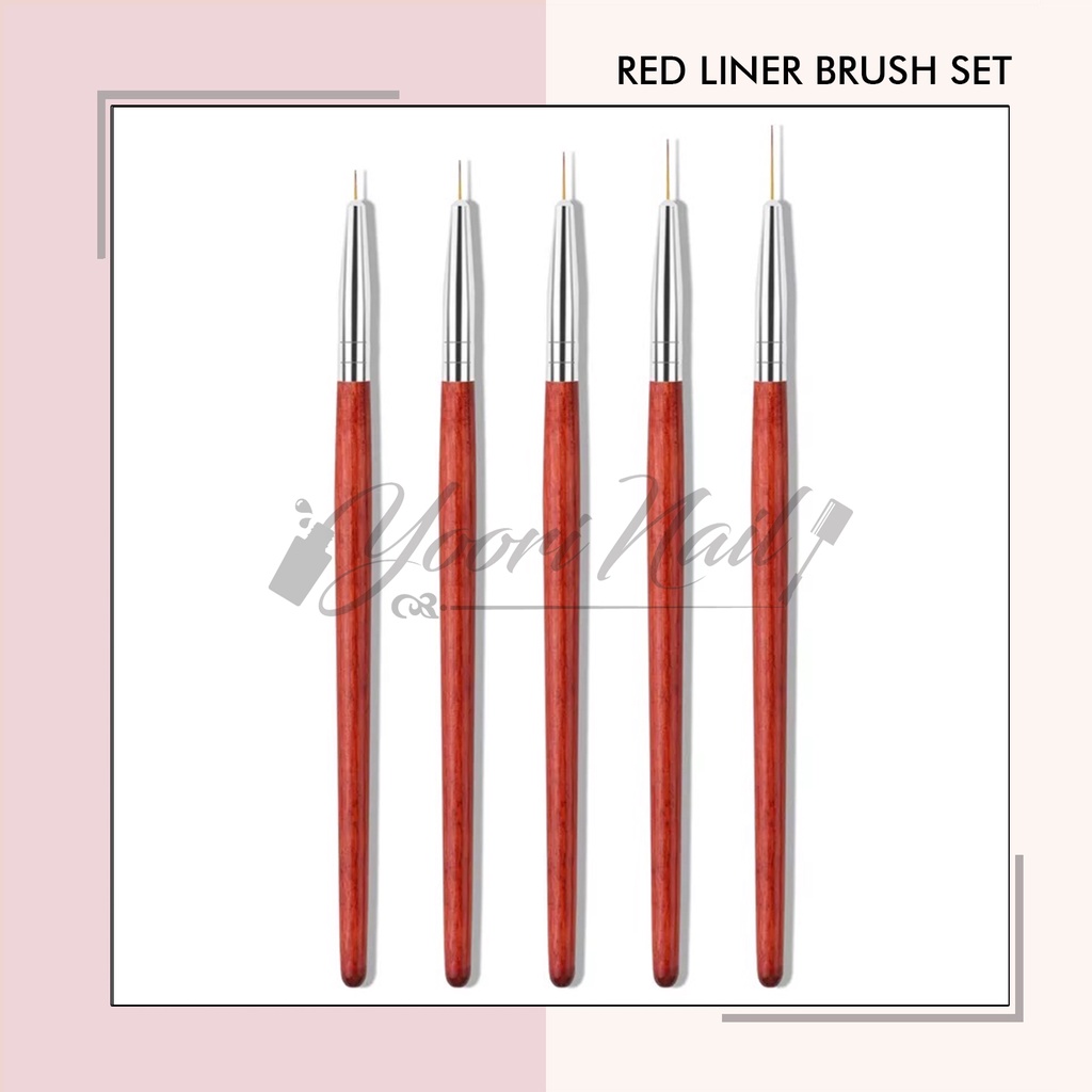 Red liner brush set 5pcs kuas nailart brush stripe nail kuas kuku painting gel line