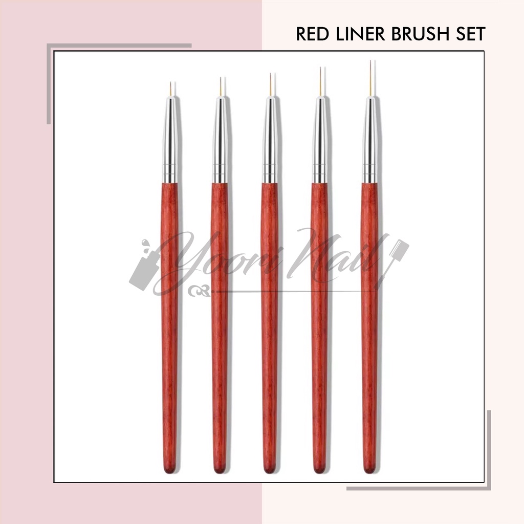 Red liner brush set 5pcs kuas nailart brush stripe nail kuas kuku painting gel line